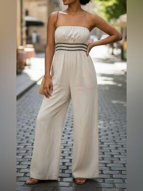 Strapless Wide-Leg Jumpsuit in Cream
